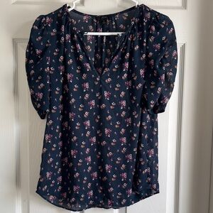 J Crew Floral Puff Sleeve Blouse - Black and Pink